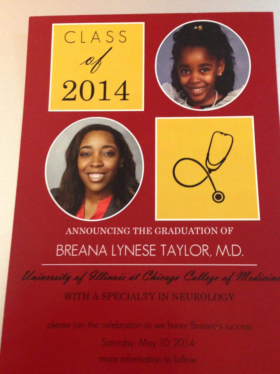 Graduation announcement featuring photos of Breana Lynese Taylor, M.D.